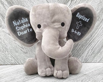 Baptism Gift Baby Elephant for New Baby - Stuffed Animal Elephant with Baby Baptism Date