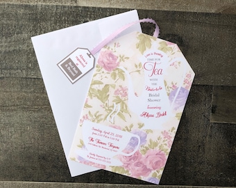 Tea Party Bridal Shower Invitations - Tea Party Baby Shower Invitations - Tea Bag Shape - Customizable - Envelopes Included