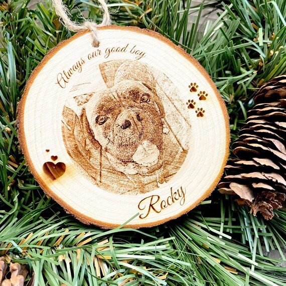 Personalized Pet Memorial Ornament: Engraved Wood Dog Photo Keepsake