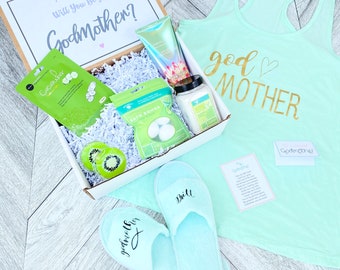 Godmother Box - Personalized Godmother Gift - Will you be My Godmother Box - Godmother Tank, Slippers, and Spa Items