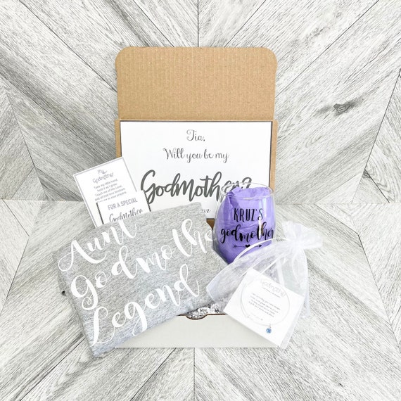 Personalized Godmother Proposal Gift Box: Wine Glass, T-Shirt & Birthstone Bracelet