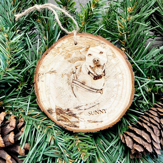 Personalized Pet Photo Ornament: Engraved Wood Dog Memorial