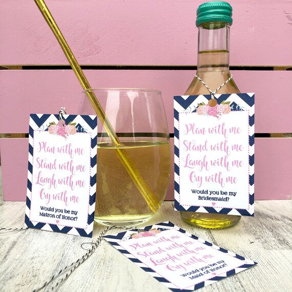 Bridesmaid Proposal Wine Tags: Pink & Navy Chevron