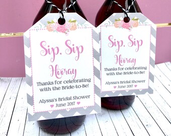 Pink and Gray Chevron Favor Tags for Small Wine or champagne Bottles - Customizable Tags - Sip Sip Hooray - Bridal Shower Favors - Wedding F