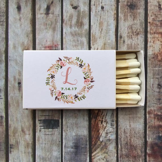 Personalized Matchbox Wedding Favor Labels: Floral Wreath Design