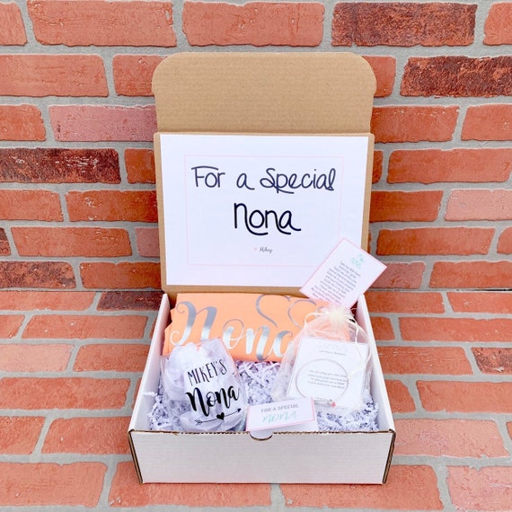 Personalized Nona Gift Box: Wine Glass, Shirt, Bracelet & Poem