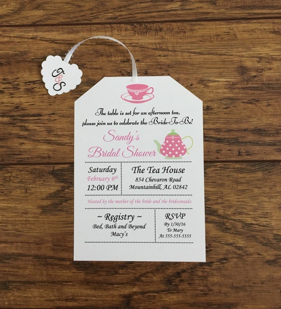 Tea Party Bridal Shower Invitations- Love is Brewing- Heart Tea Tag