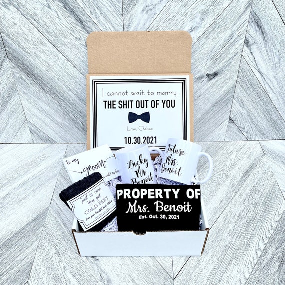 Personalized Groom Gift Box: Cold Feet Socks, Bride & Groom Mug Set