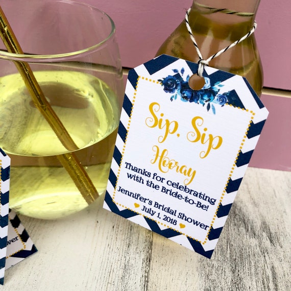 Gold & Navy Bridal Shower Favor Tags: Customizable Wine Bottle Tags