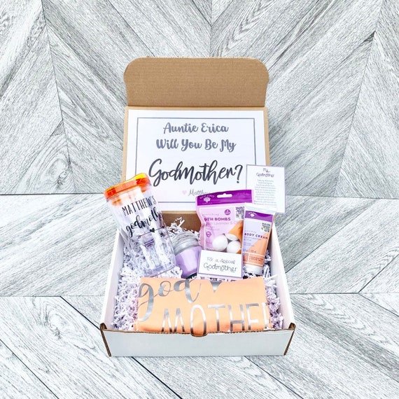 Personalized Godmother Gift Box: Wine Tumbler, Tank Top & Bath Set