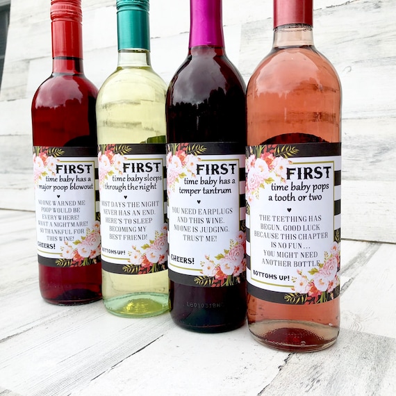 Funny Baby Shower Wine Labels: First Time Mom Gift, Set of 4