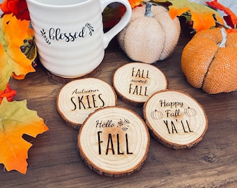 Rustic Fall Engraved Wooden Coasters - Set of 4 Wood Engraved - Coasters with Fall Sayings - Set of 4 Coasters