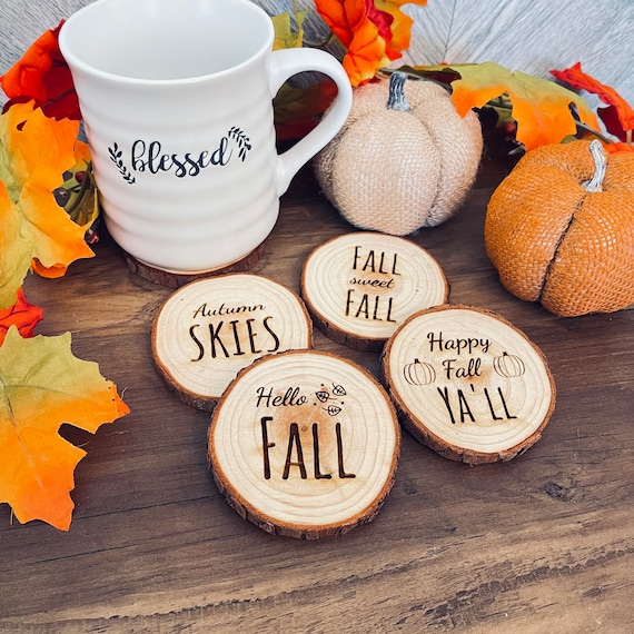 Engraved Wood Coasters: Rustic Fall Sayings, Set of 4