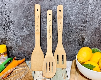 Personalized Bamboo Fork Spatula Set - Set of 3 - Wooden Kitchen Spoon Set - Wood Engraved Kitchen Set