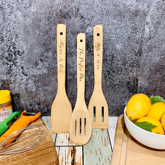 Personalized Bamboo Kitchen Utensil Set - Engraved Wooden Spoons (Set of 3)