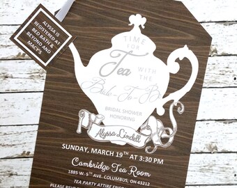 Tea Party Rustic Wood Panel and White Shower Invitations Tea Pot Style on Elegant Linen Card Stock