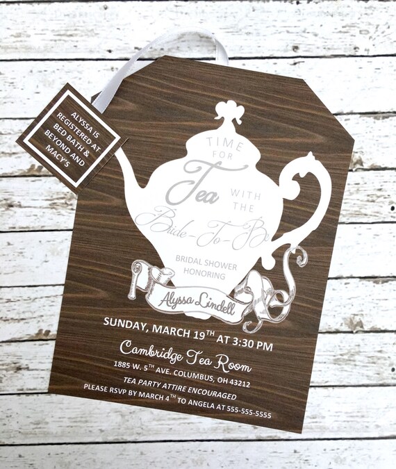 Tea Party Bridal Shower Invitations: Rustic Wood Teapot Design