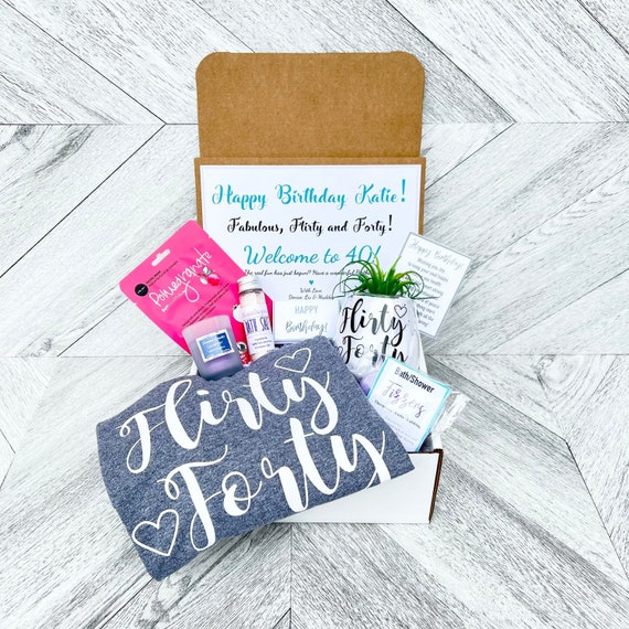 Flirty Forty Birthday Spa Gift Box: Shirt, Wine Glass, Succulent & Candle