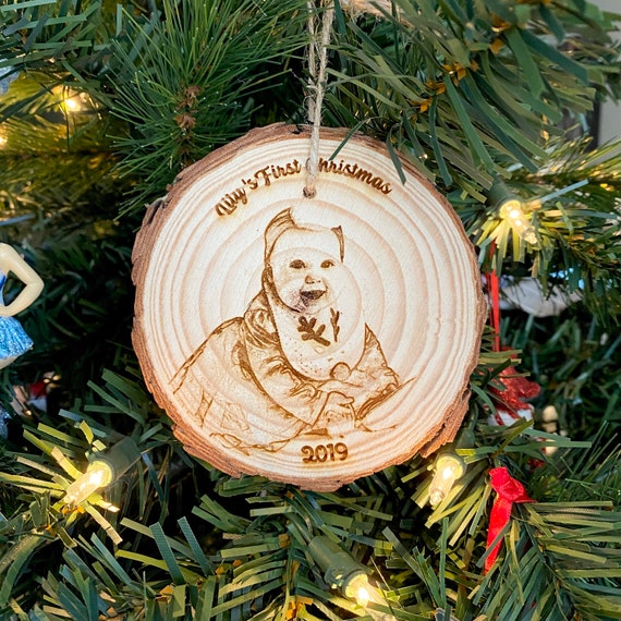Personalized Wood Photo Ornament: Laser Engraved Baby's First Christmas