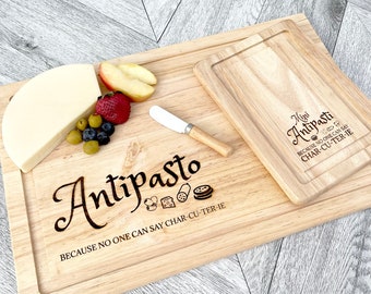 Wood (2) Engraved Antipasto boards with cheese knife - Set of 2 - Funny Gift - Antipasti Charcuterie Board - Comical Gift