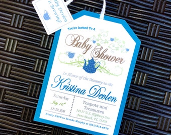Fancy Tea Party Invitations - blue with ribbon attached tea tag baby shower