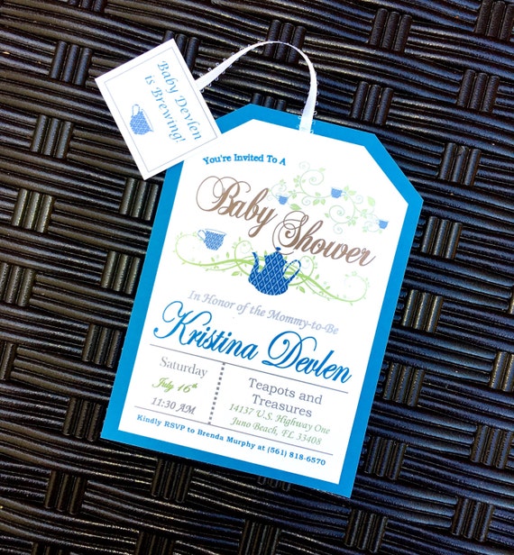 Fancy Tea Party Invitations - blue with ribbon attached tea tag baby shower