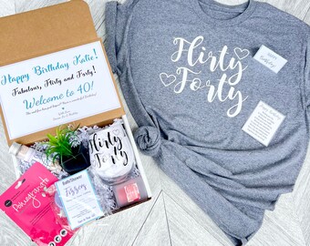 Spa Birthday Gift Set - Flirty Fourty Spa gift box with Birthday Girl Shirt - 40 Wine glass - Complete Spa Items - Succulent and Candle