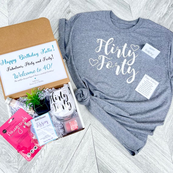 Spa Birthday Gift Set - Flirty Fourty Spa gift box with Birthday Girl Shirt - 40 Wine glass - Complete Spa Items - Succulent and Candle