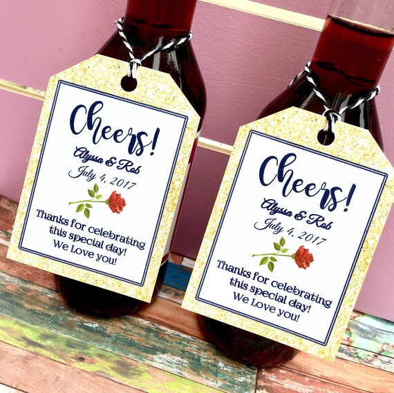 Navy and Gold Glitter Wine Favor Tags: Customizable Cheers Tags