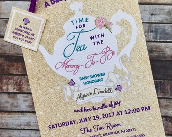 Gold Glitter Tea Party Shower Invitations Tea Pot Style with color accents