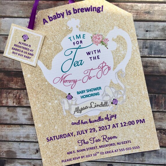 Gold Glitter Tea Party Shower Invitations Tea Pot Style with color accents
