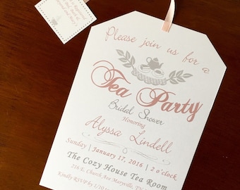 Tea Party Bridal Shower Invitations Pink and Gray