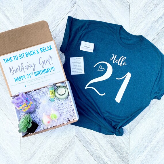 21st Birthday Spa Gift Set: Hello 21 Shirt, Succulent & Candle