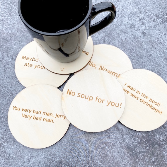 Funny Engraved Wood Coasters: TV Show Sayings, Set of 6