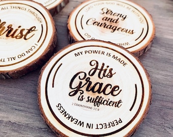 Christian Coasters - Wood Engraved - Coasters with Christian Sayings and Bible Quotes - Set of 4 Coasters