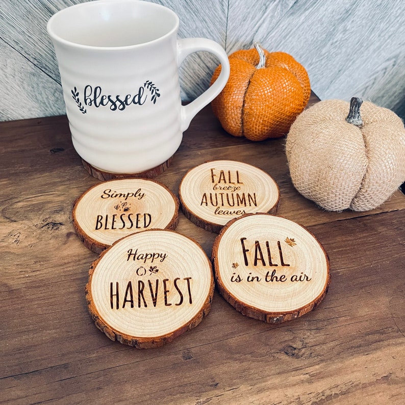 Rustic Fall Engraved Wooden Coasters Set of 4 Wood Engraved Coasters with Fall Sayings Set of 4 Coasters image 4
