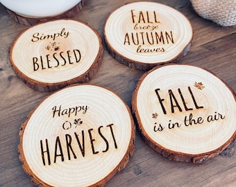 Rustic Fall Engraved Wooden Coasters - Set of 4 Wood Engraved - Coasters with Fall Sayings - Set of 4 Coasters