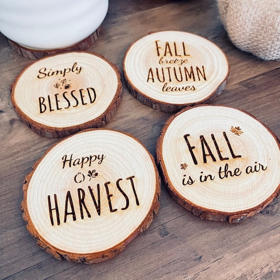 Engraved Pine Wood Coasters: Rustic Fall Decor, Set of 4