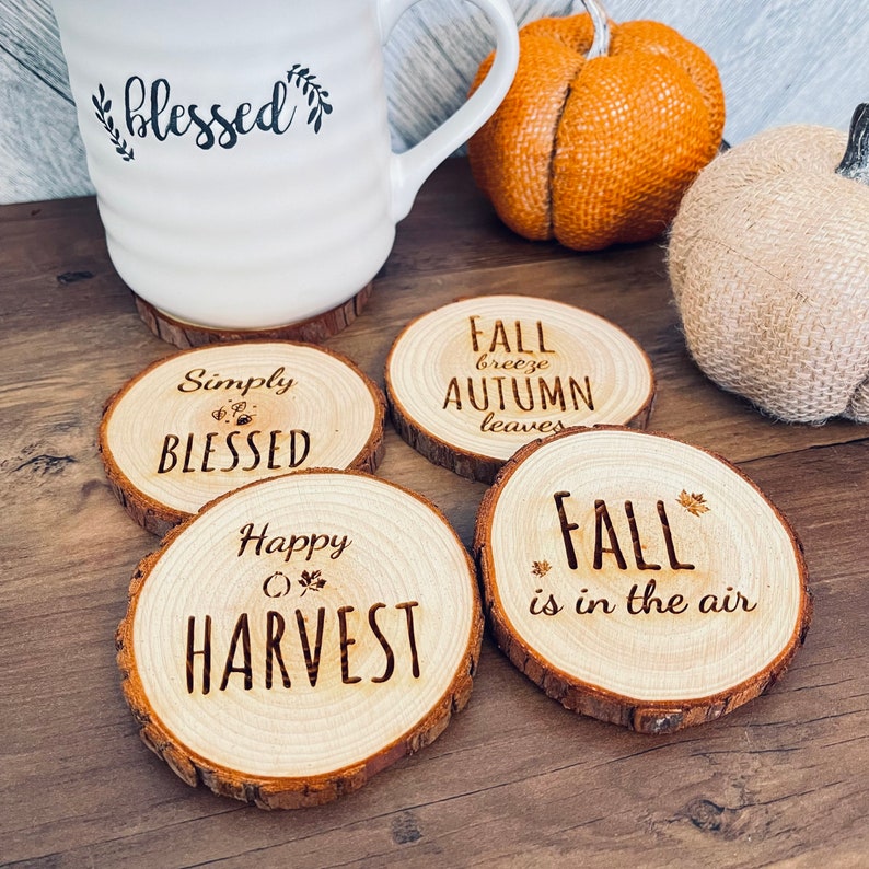 Rustic Fall Engraved Wooden Coasters Set of 4 Wood Engraved Coasters with Fall Sayings Set of 4 Coasters image 2