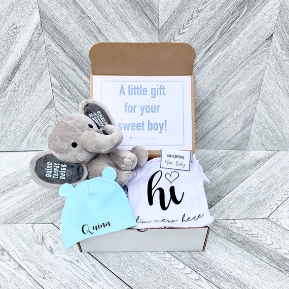 Personalized Newborn Gift Box: Elephant Plush, Onesie & Beanie