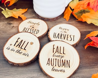 Rustic Fall Engraved Wooden Coasters - Set of 4 Wood Engraved - Coasters with Fall Sayings - Set of 4 Coasters