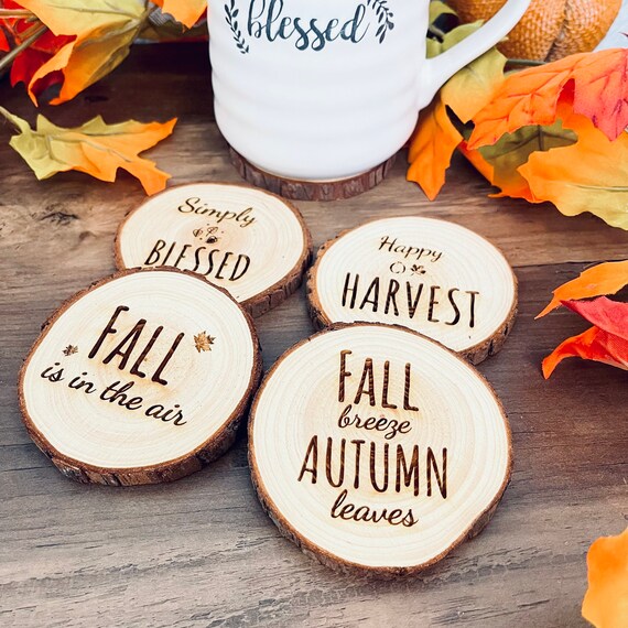 Engraved Pine Wood Fall Coasters: Rustic Autumn Decor, Set of 4