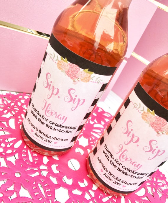 Customizable Pink Floral Wine Bottle Labels: Bridal Shower Favors