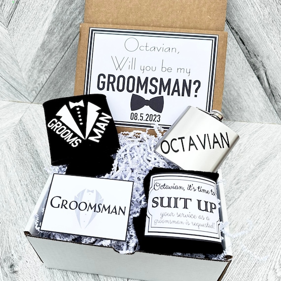 Personalized Groomsman Gift Box: Flask, Socks & Coolie Set