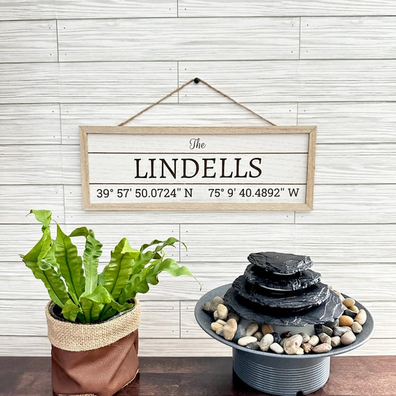 Laser Engraved Coordinates Family Name Sign: Framed Wooden Plank Decor