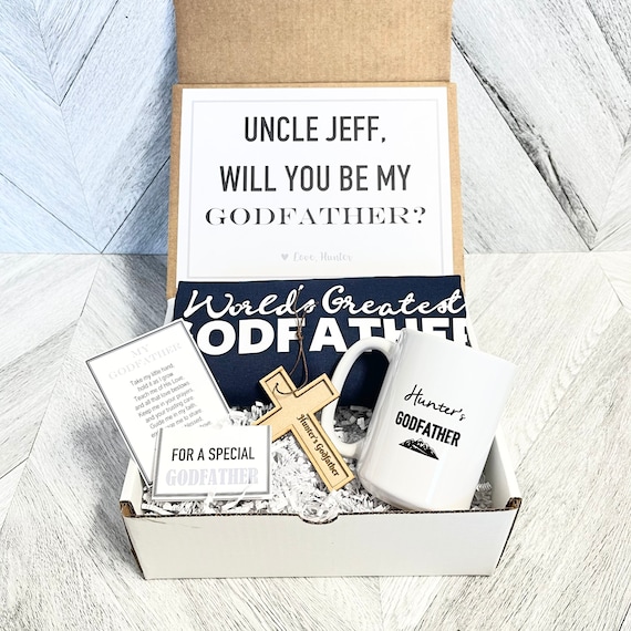 Personalized Godfather Gift Box: Mug, T-Shirt & Engraved Cross
