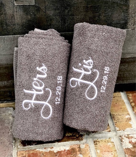 Embroidered His & Hers Bath Towel Set: Personalized Wedding Date Gift