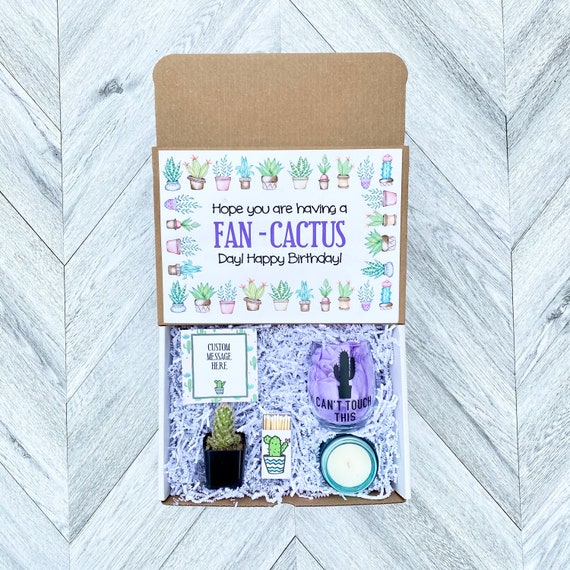 Cactus Gift Box - Fan Cactus Day- Wine Glass or Flask - Candle and matches