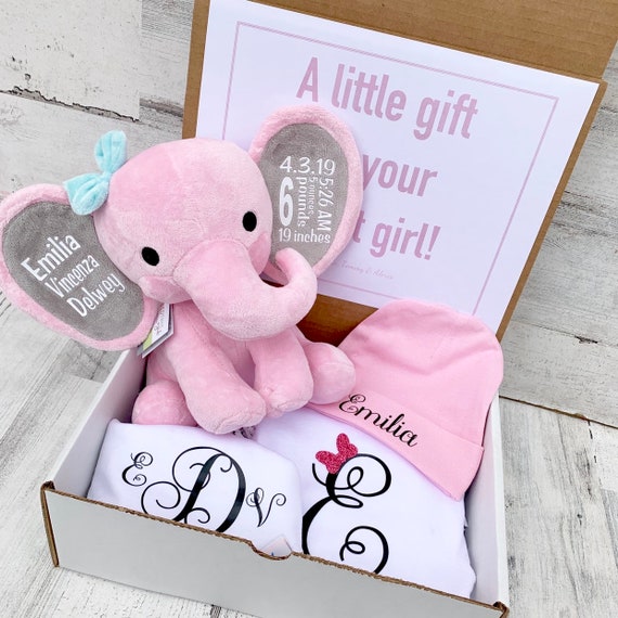 Caja de regalo para bebés recién nacidos Elefante, mono, babero y gorro  personalizados Caja de regalos para recién nacidos Estadísticas de bebés y  vestimenta personalizada -  España