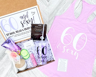 Spa Birthday Gift Set - 60 and Sexy - Spa gift box with Birthday Girl Tanl - Tumbler - Complete Spa Items and Spa Candle